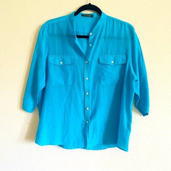 Lauren Ralph Lauren woman button down top size large blue coastal airy light - Picture 1 of 11